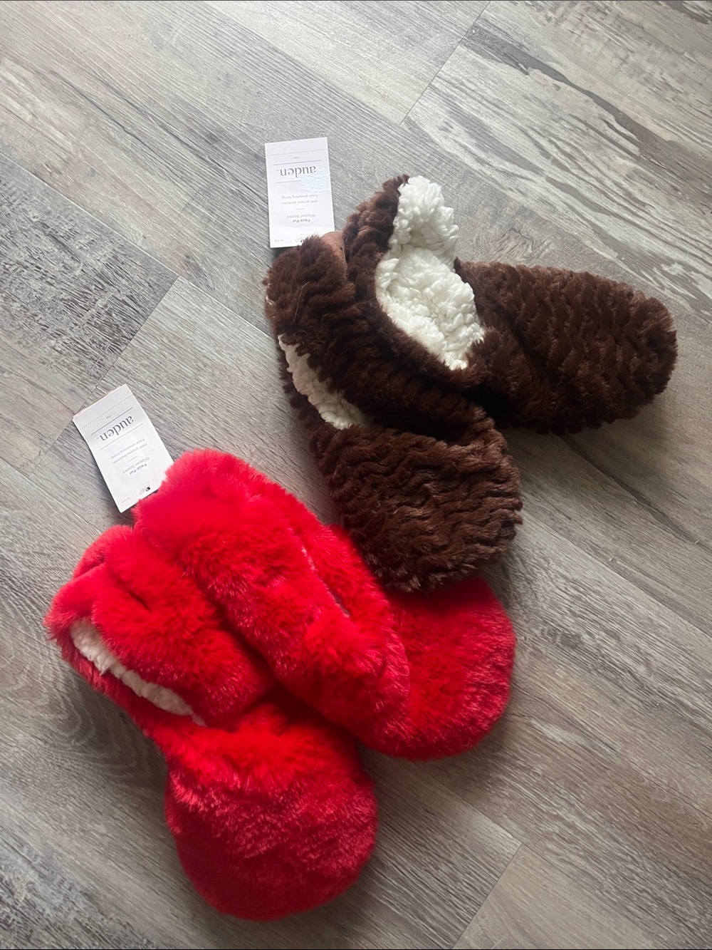 Auden Plush Slip-On Slippers in Red and Brown BOTH pairs shoe size (8/10)